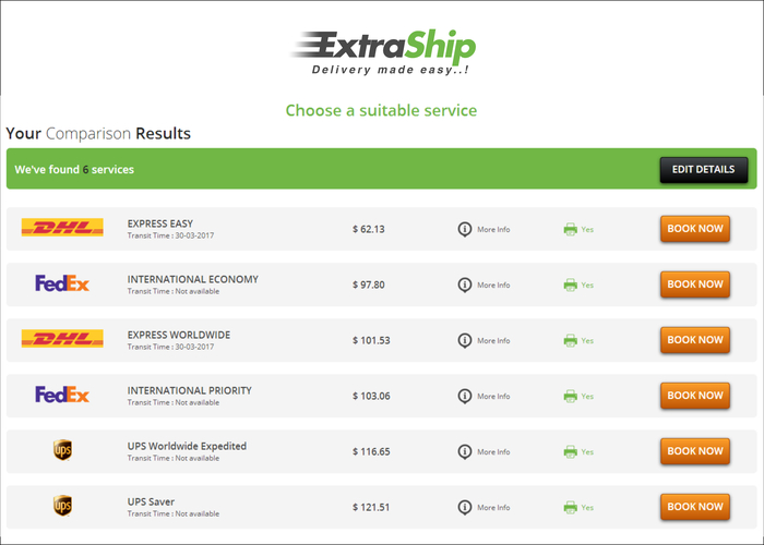 Shipping Rates Comparison Chart